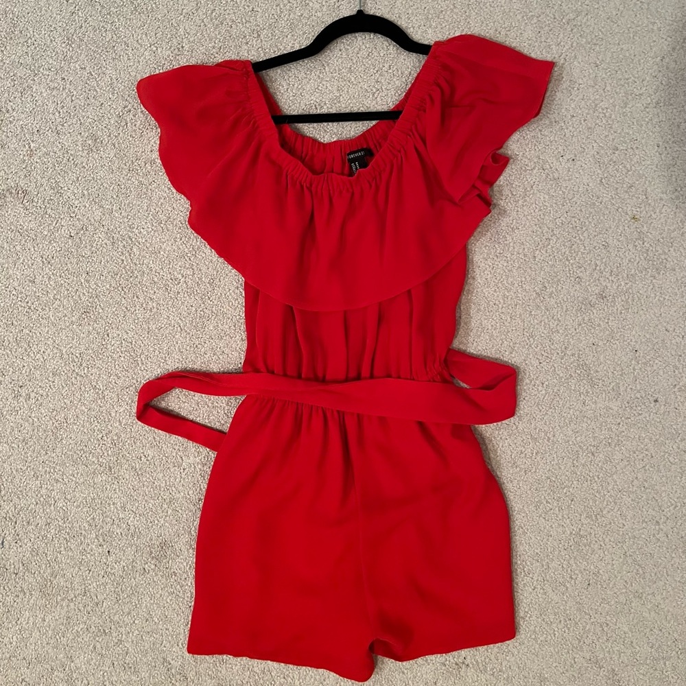red , forever 21 romper with a tie belt. can wear on or off the shoulder
